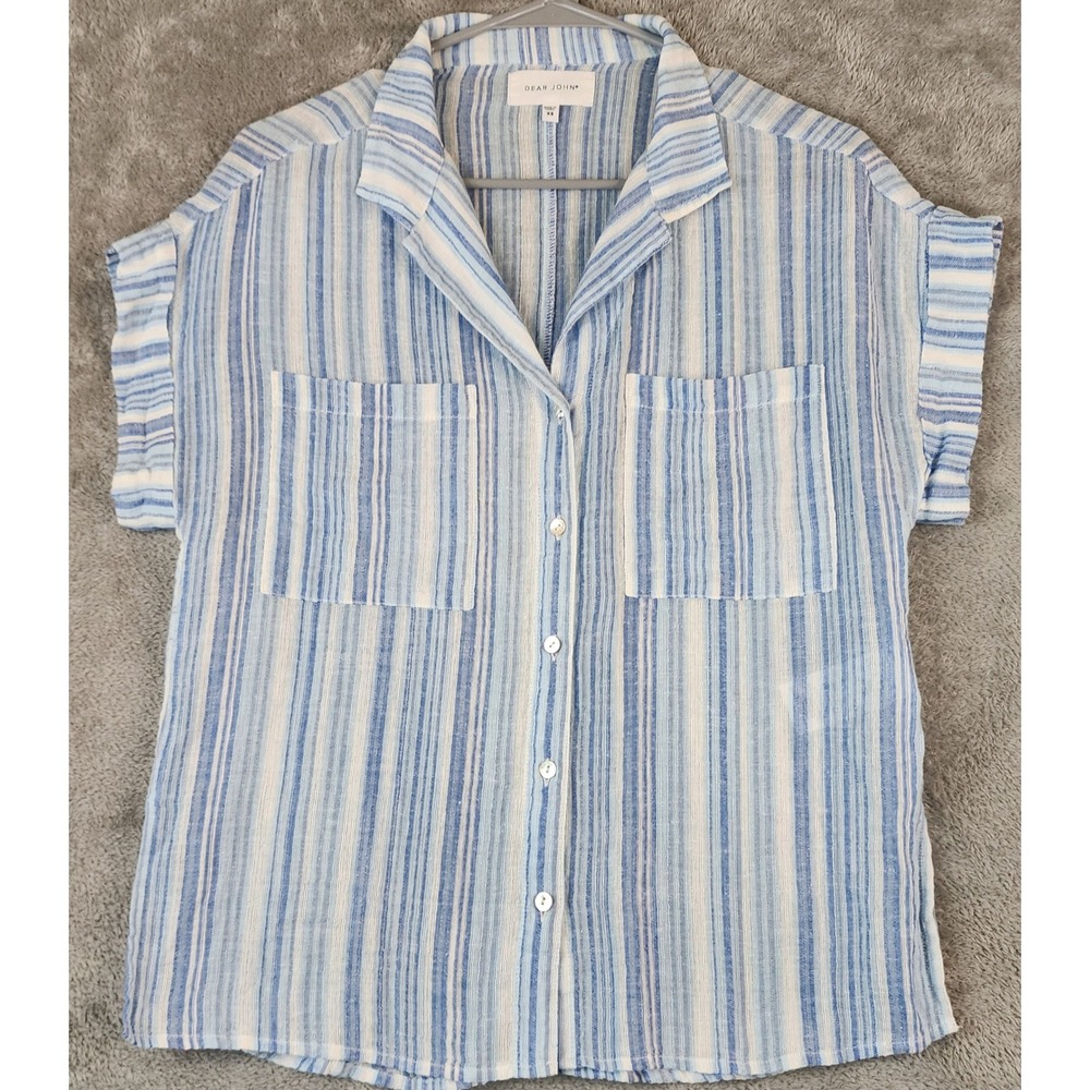 Dear John Shirt Womens XS Blue White Striped Short Sleeve Button Down Linen